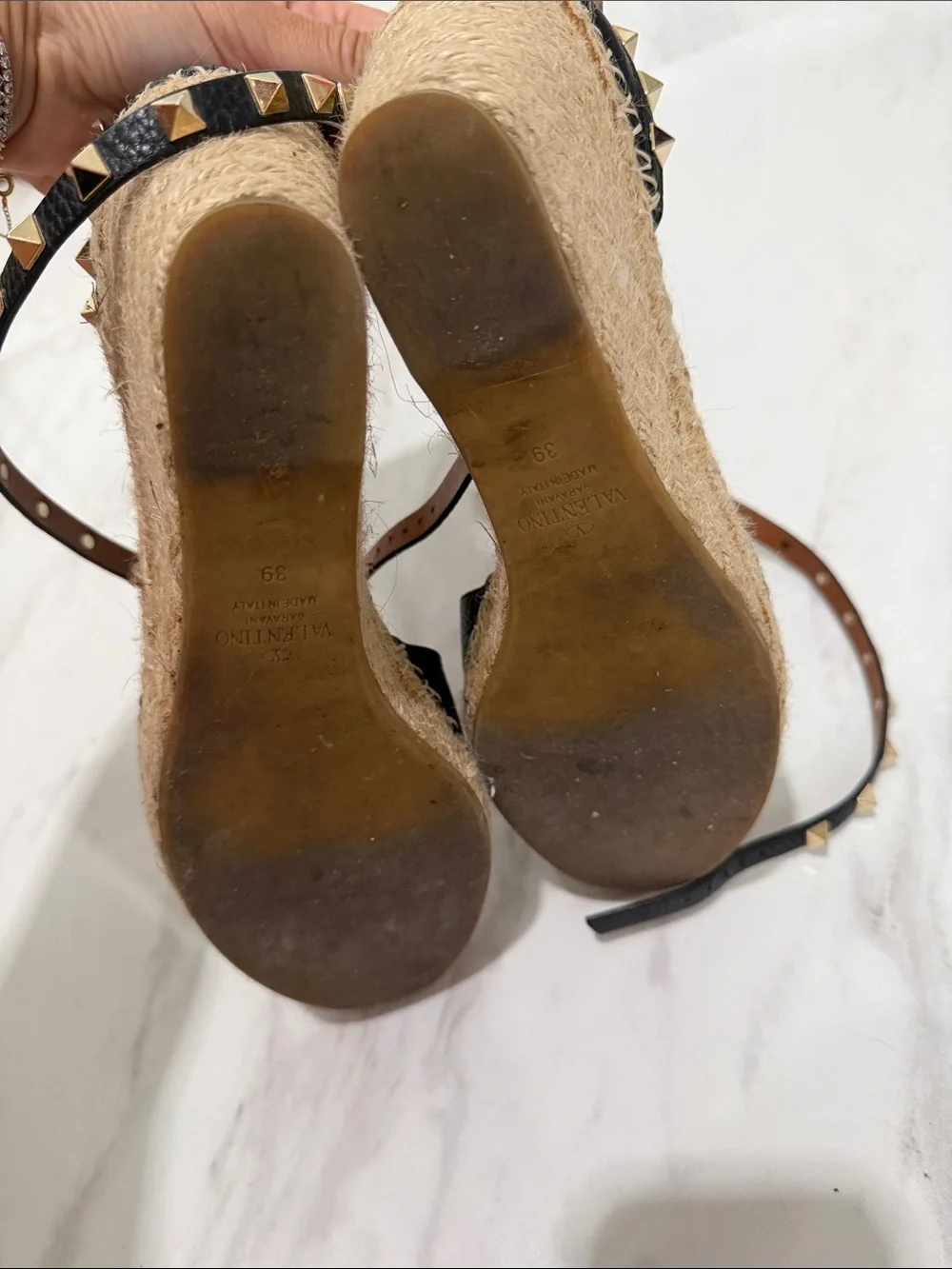 Valentino Garavani Black Leather Studded Espadrille Wedge Sandals - Picture 6 of 8